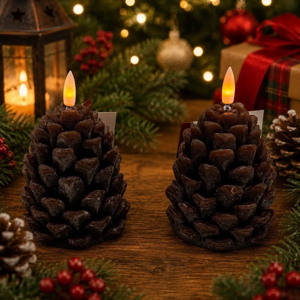 Hobby Lobby Pine Cone LED Candles Timer Flame Fall Set of 2 NEW